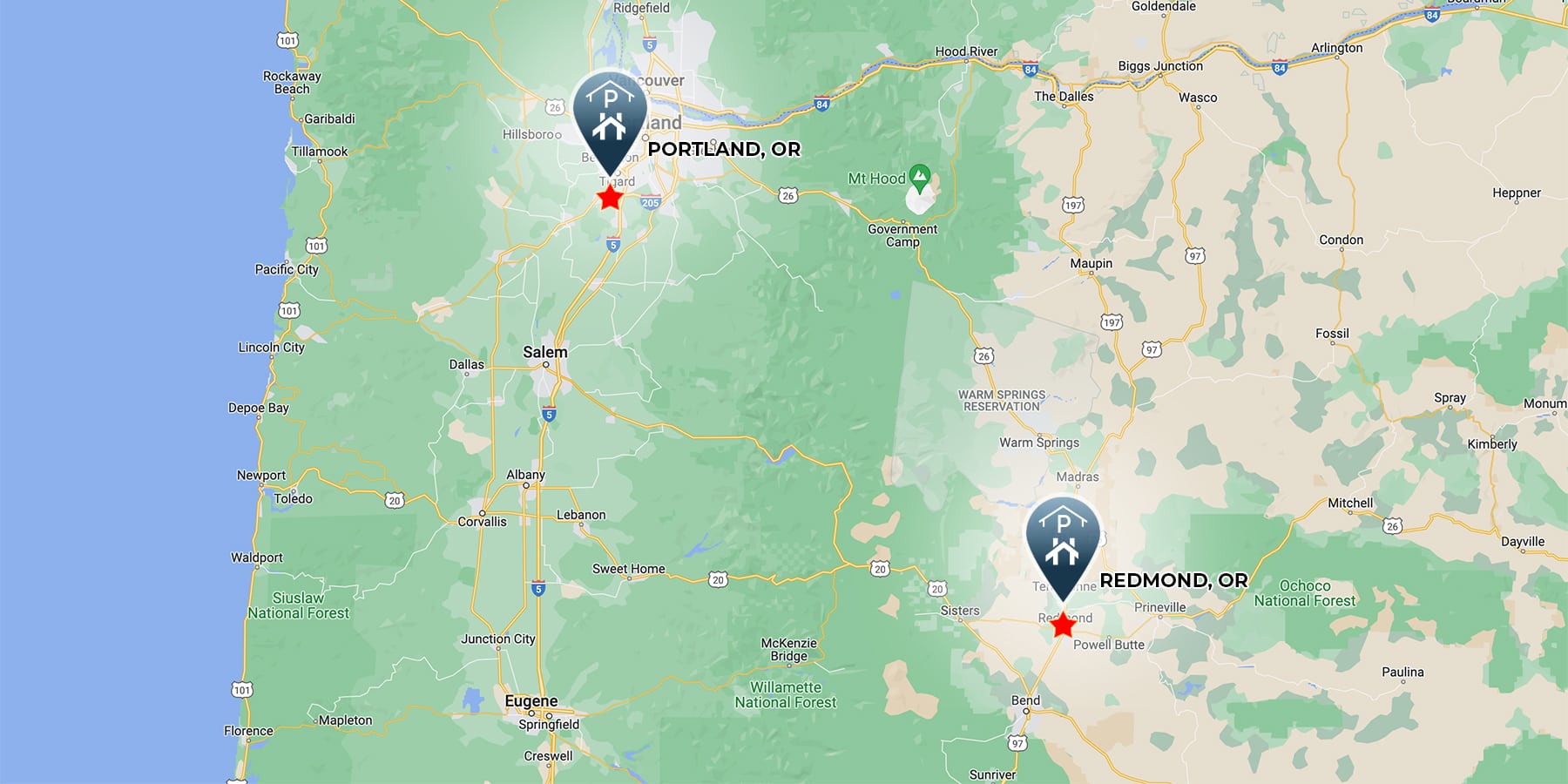 Service area map that shows Bend, OR and Portland, OR.